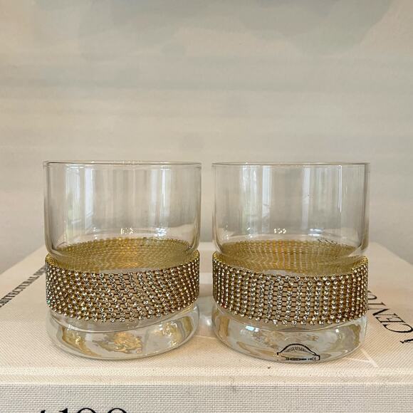 Old Fashioned Whiskey Glass w/ Gold Rhinestone Band Stemless Wine Set of 2 NEW - Picture 2 of 10